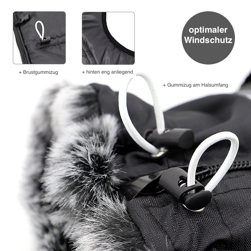 Schwarze Winterjacke mit Kunstfellkapuze, optimaler Windschutz, verstellbare Gummizüge, ideal für kalte Tage, modisch und funktional.